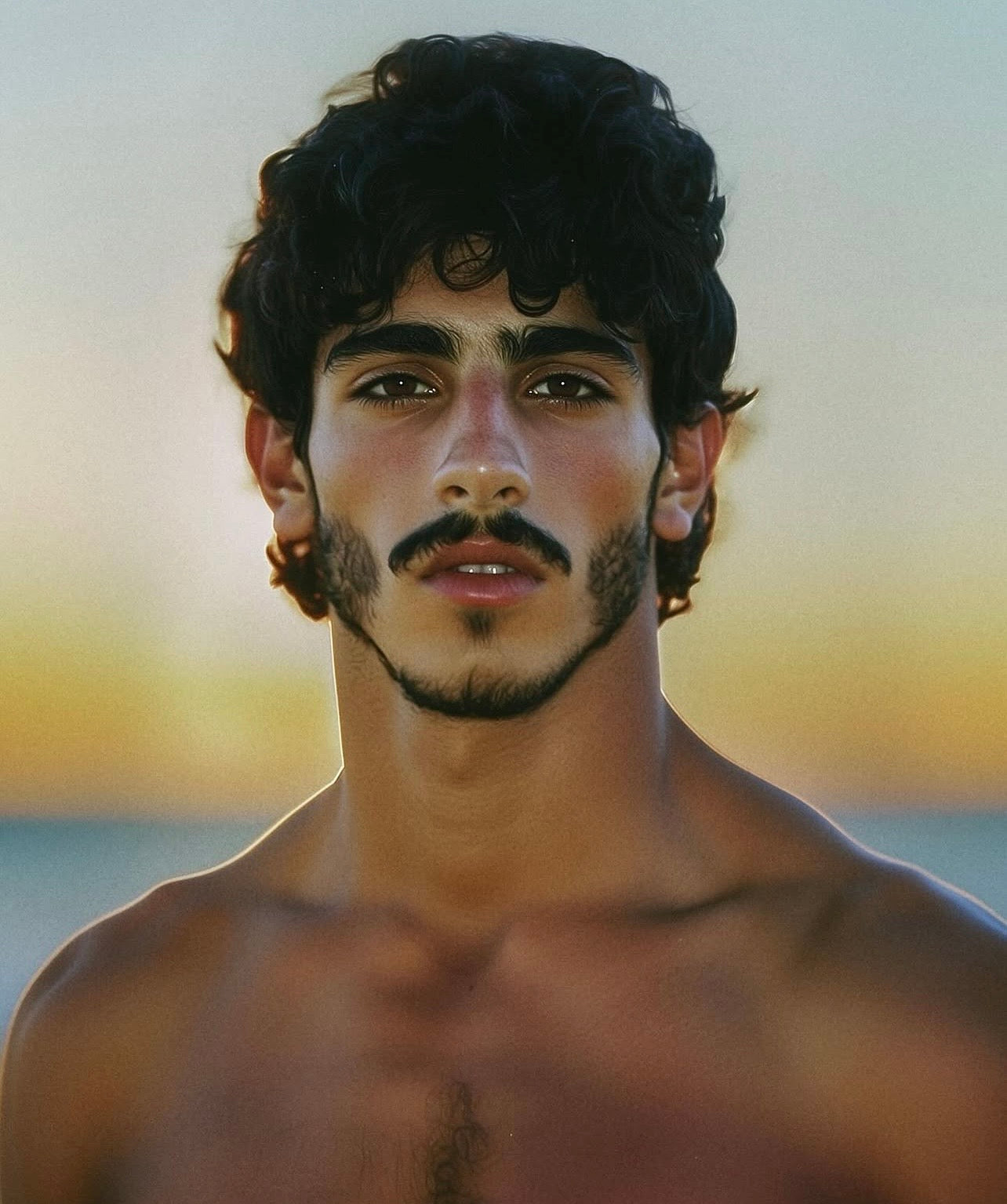 Close crop of a man's dark curly hair, from the eyes up